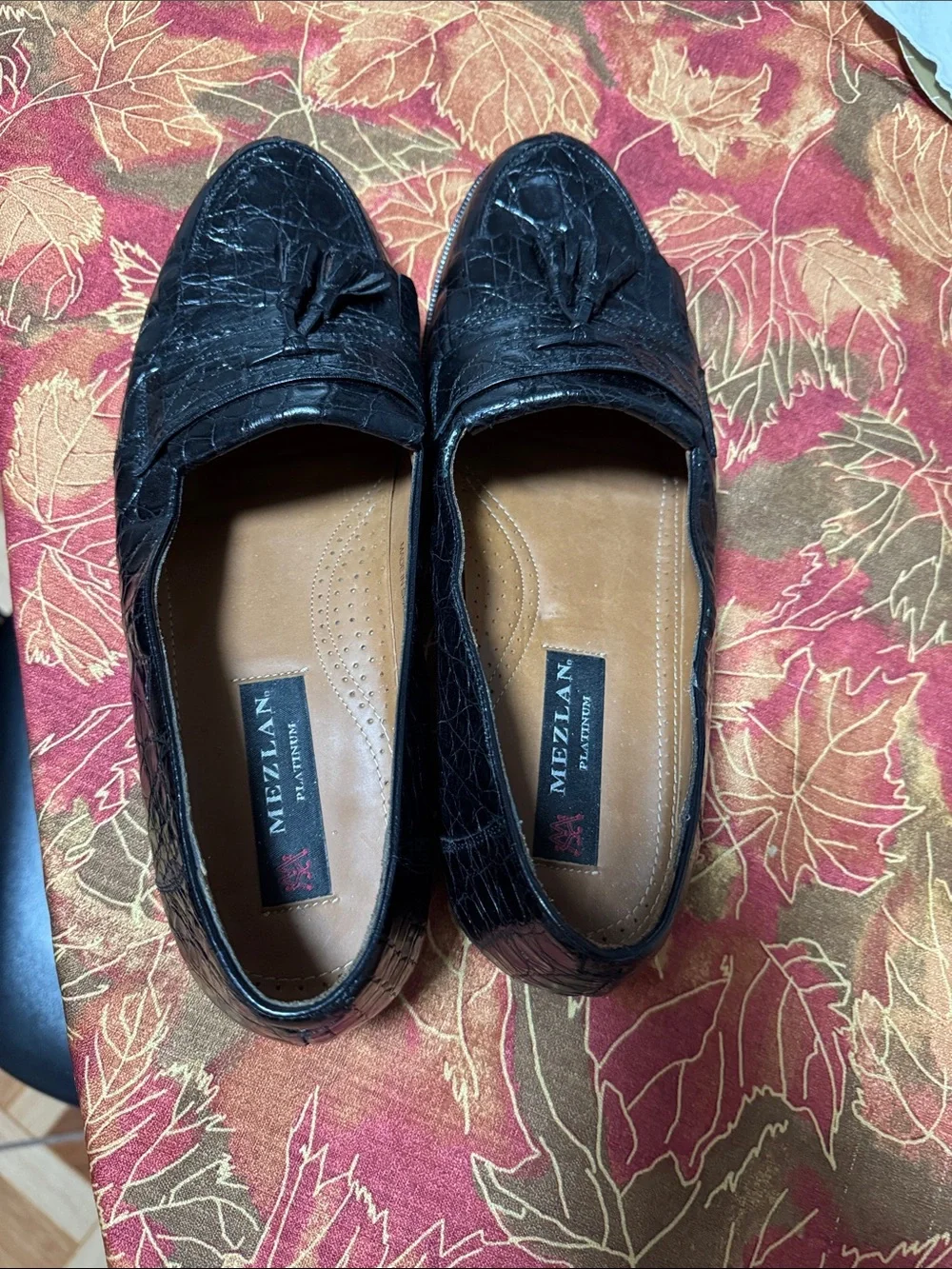 Mezlan Black Croc-Embossed Tassel Loafers. Genuine crocodile leather